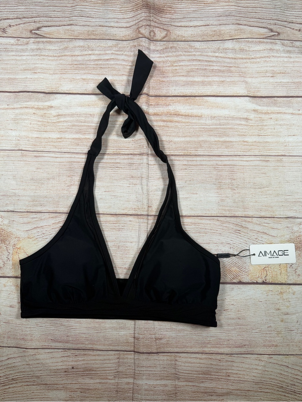 Aimage‎ Black Mesh Details Halter Bikini Top - Classic Swimwear